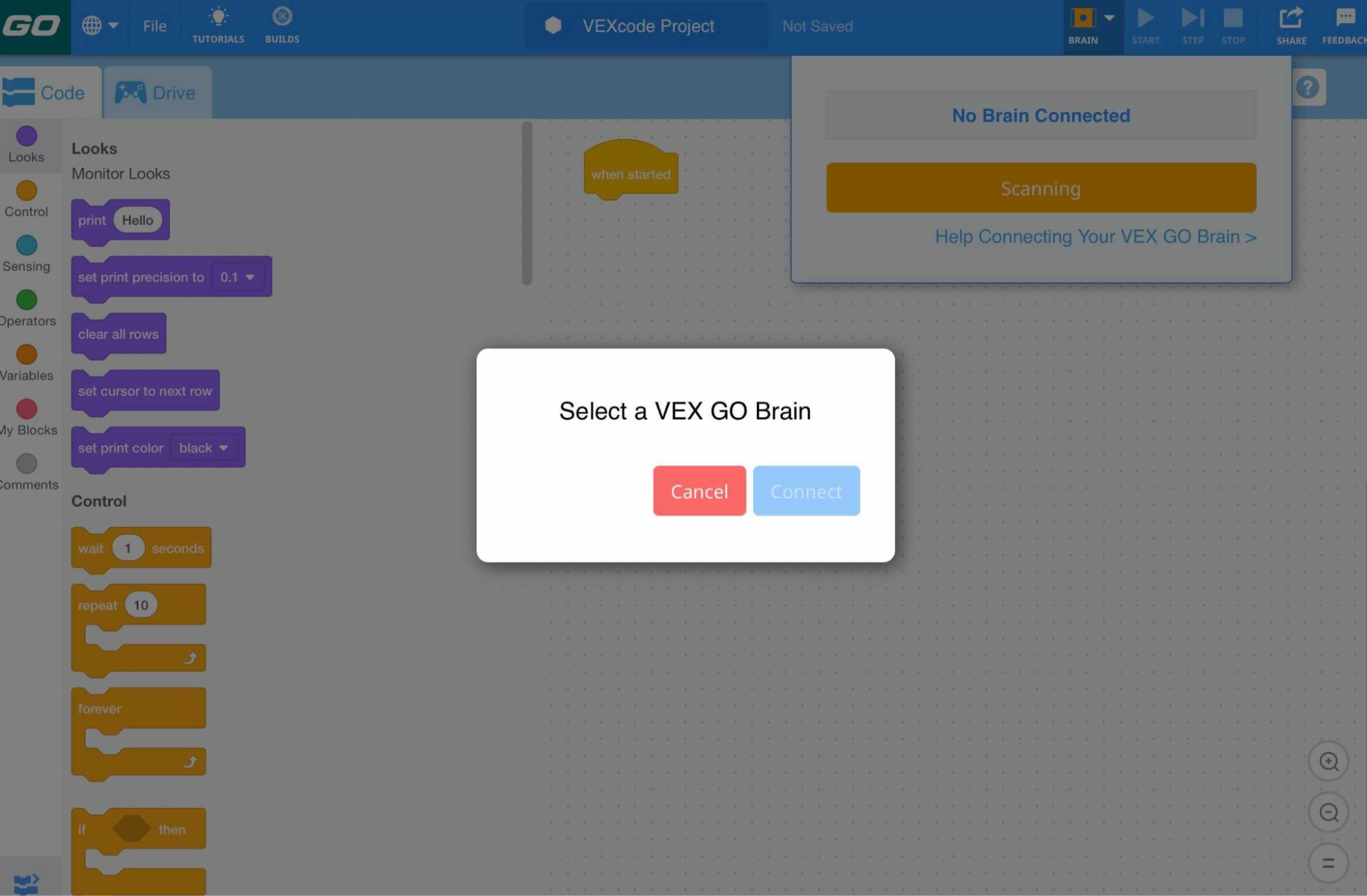 Προτροπή VEXcode GO που αναφέρει "Επιλέξτε έναν εγκέφαλο VEX GO". Παρακάτω υπάρχουν δύο κουμπιά που γράφουν Άκυρο και Σύνδεση. Το κουμπί Σύνδεση είναι γκριζαρισμένο.