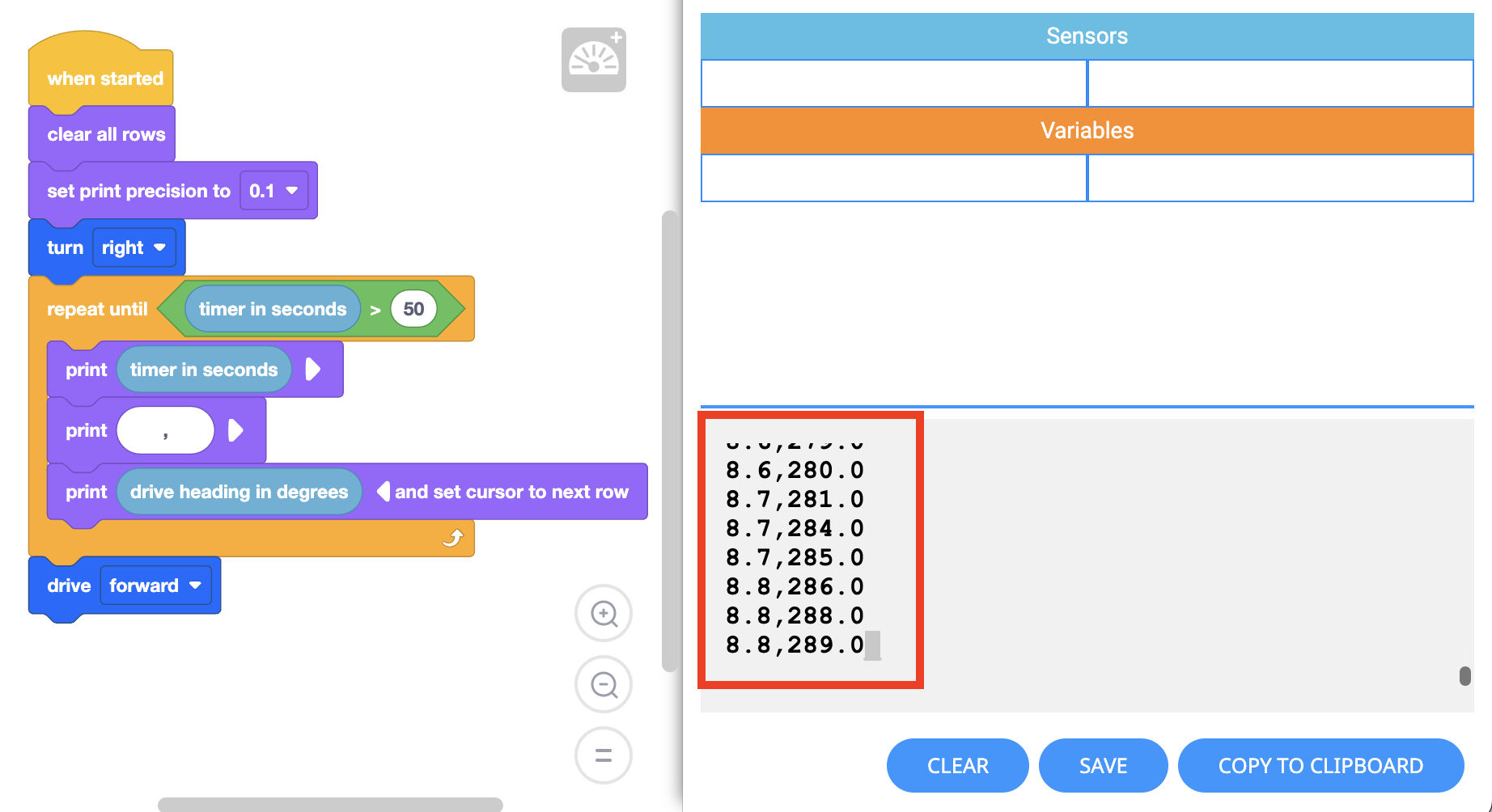 VEXcode GO με ανοιχτή την Κονσόλα Εκτύπωσης, όπου τα προγράμματα μπορούν να εξάγουν κείμενο ζωντανά για να βοηθήσουν με το περιεχόμενο και τον εντοπισμό σφαλμάτων.
