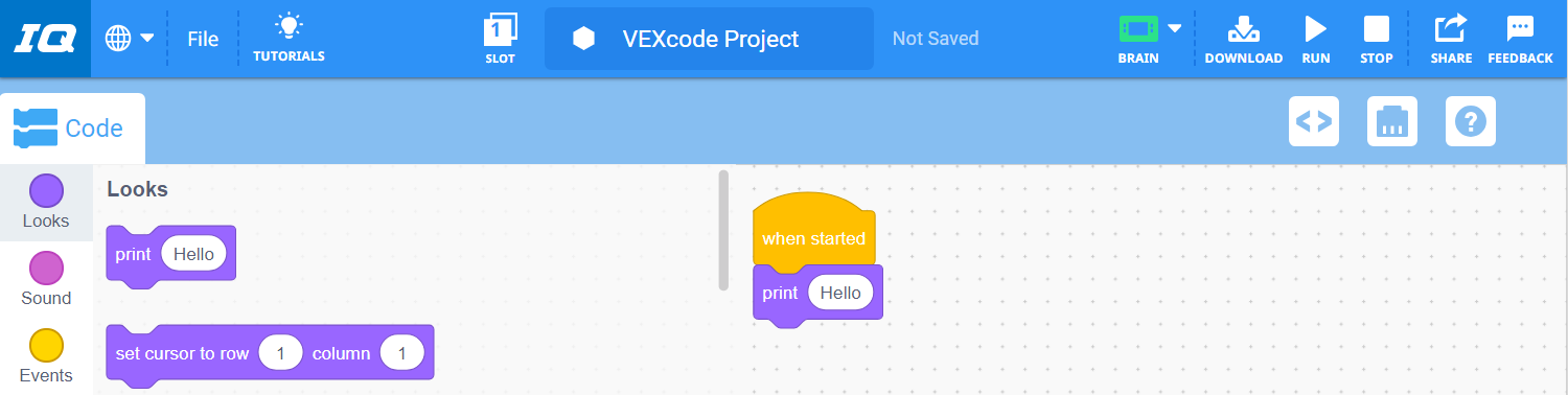 VEXcode IQ με ένα έργο που αναφέρει "Όταν ξεκίνησε, Εκτύπωση Γεια".