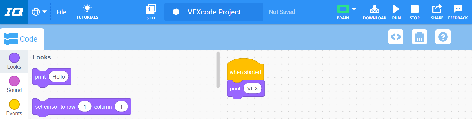 VEXcode IQ με ένα έργο που τώρα διαβάζει "Όταν ξεκίνησε, Εκτύπωση VEX".