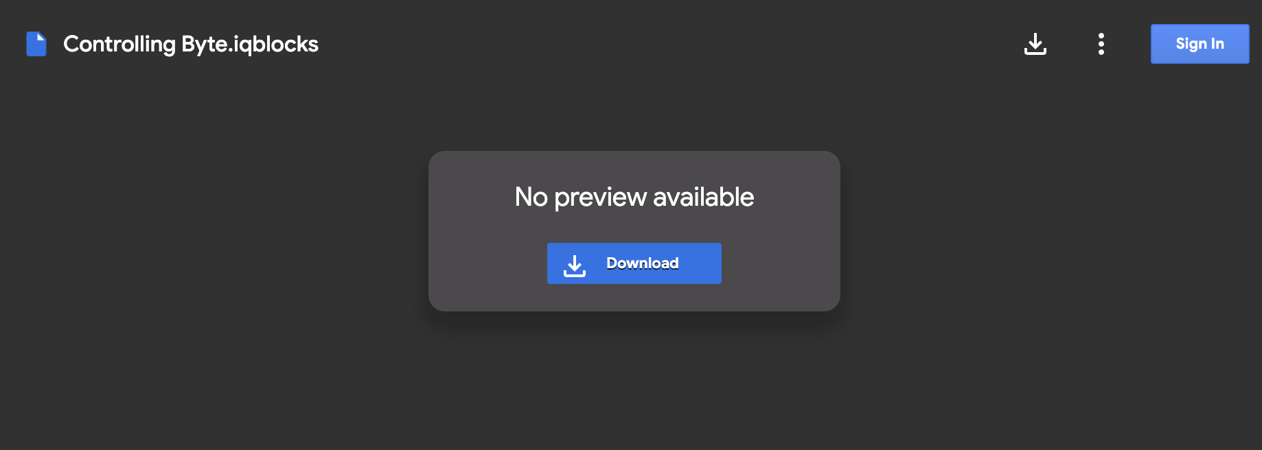 Έλεγχος του έργου Byte IQ Blocks που επιλέχθηκε στο Google Drive, ώστε να είναι δυνατή η λήψη του.