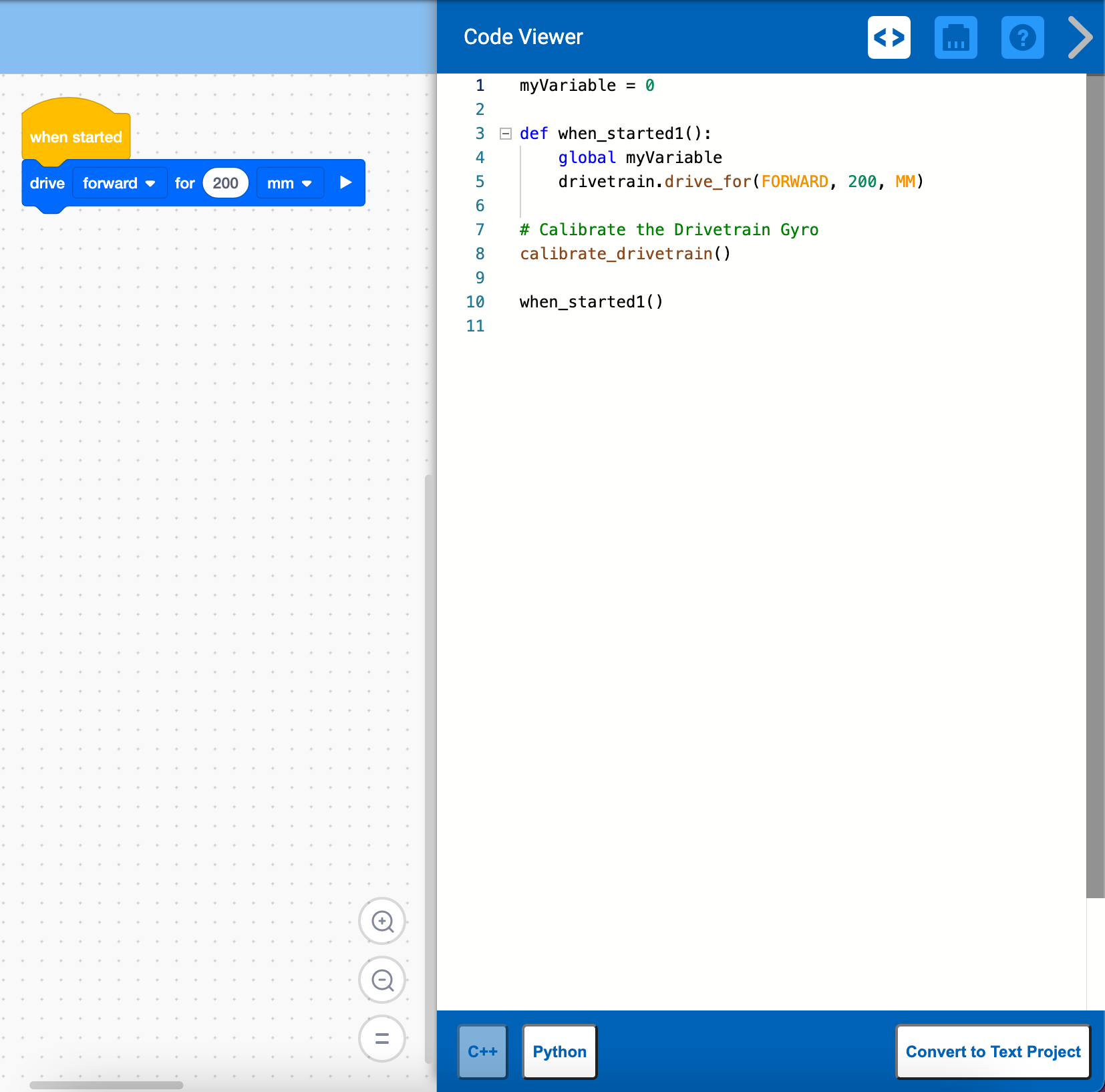 Το VEXcode IQ με ανοιχτό το μενού Code Viewer για να εμφανίσει μια μετάφραση από το πρόγραμμα Blocks του χρήστη σε Python.