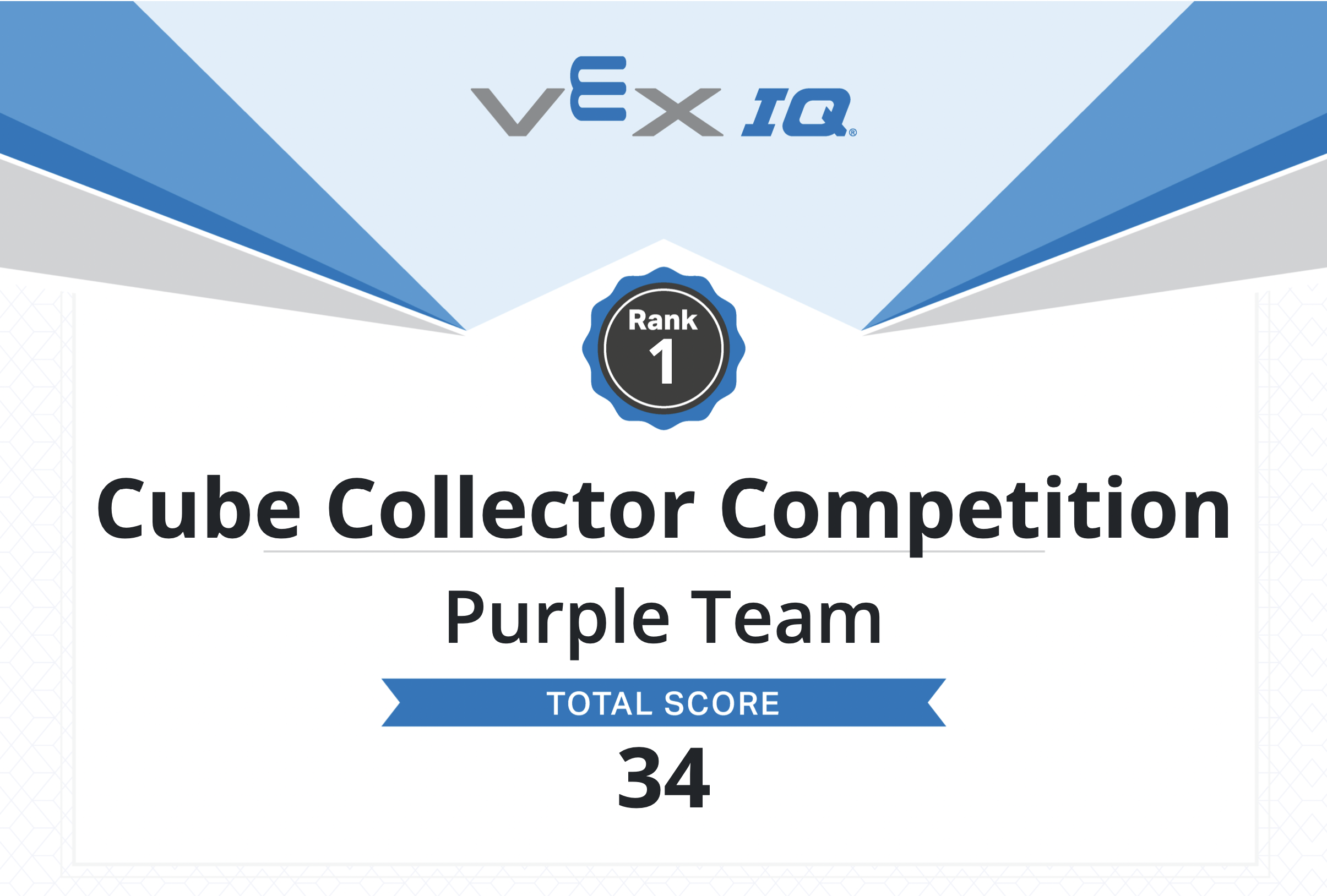 Παράδειγμα πιστοποιητικού ομάδας VEX IQ Leaderboard. Αναφέρει Κατάταξη 1, Διαγωνισμός Συλλεκτών Κύβων, Μωβ Ομάδα, Συνολική βαθμολογία 34.