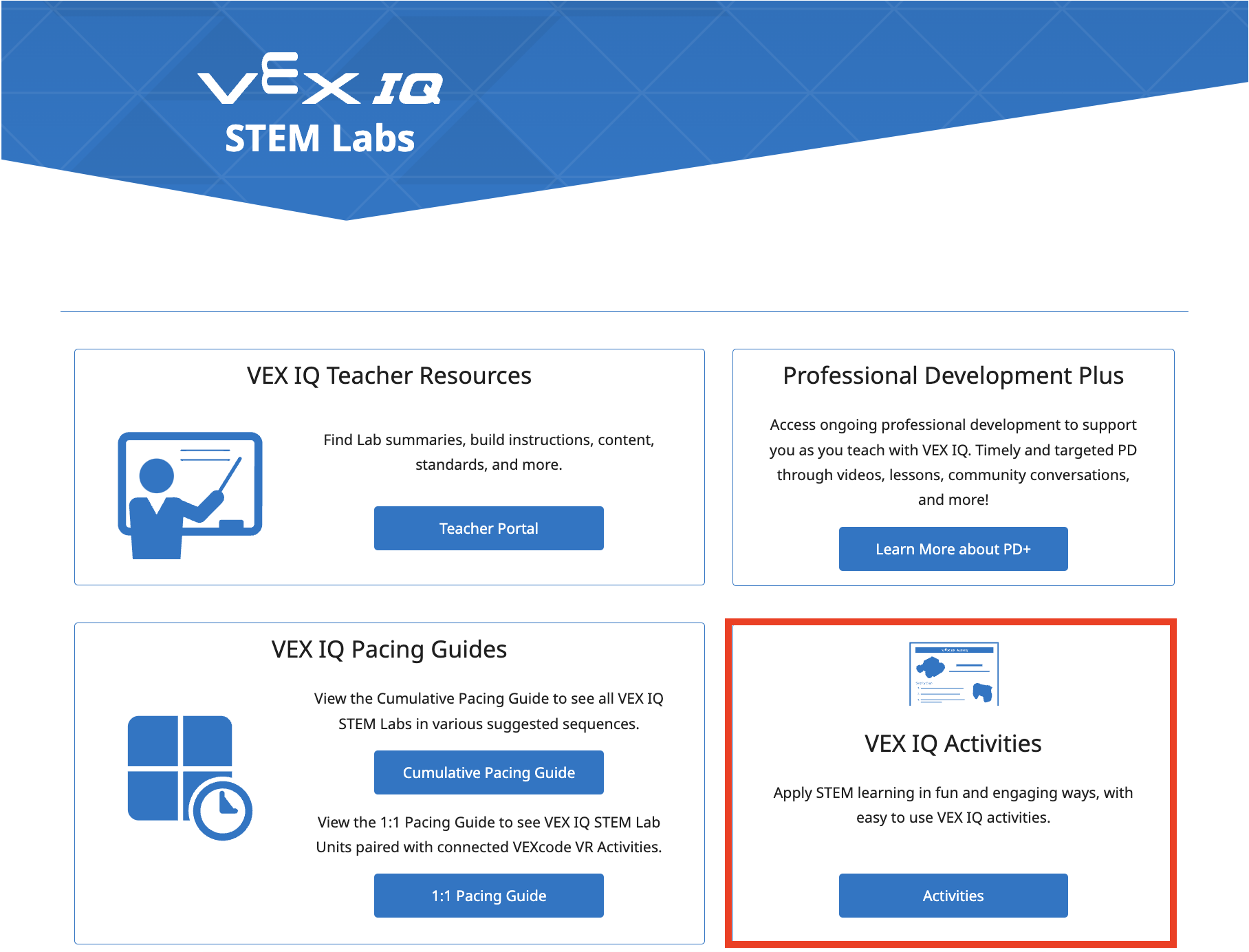 Ο σύνδεσμος VEX IQ Activities στο επάνω μέρος της σελίδας STEM Labs εμφανίζεται και επισημαίνεται.