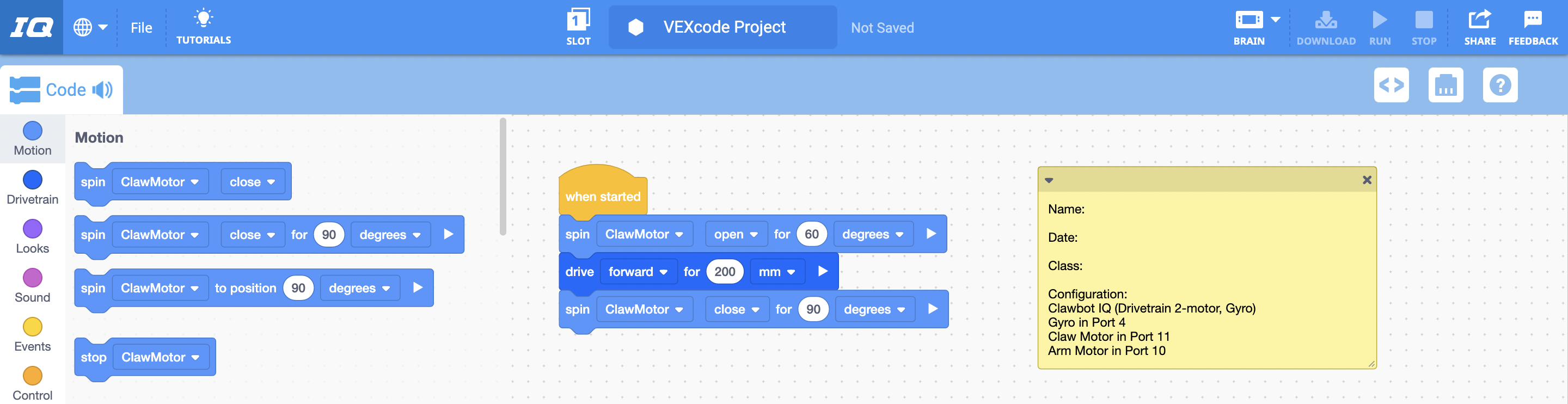Το VEXcode IQ με το παράδειγμα έργου προτύπου κινητήρα Clawbot Drivetrain 2 άνοιξε στον Χώρο Εργασίας. Ο χρήστης έχει προσθέσει μερικά μπλοκ στο έργο για τον έλεγχο του κινητήρα Claw.