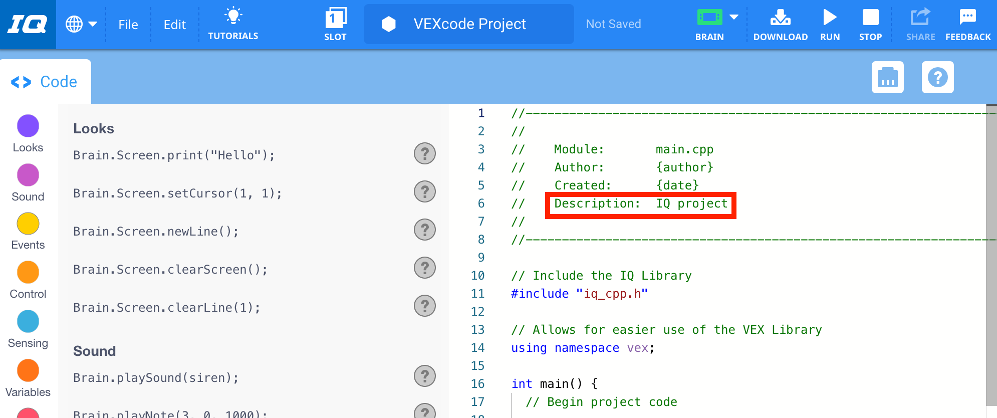 Νέο έργο C++ άνοιξε στο VEXcode IQ. Το σχόλιο Περιγραφή είναι επισημασμένο και από προεπιλογή διαβάζει IQ project.