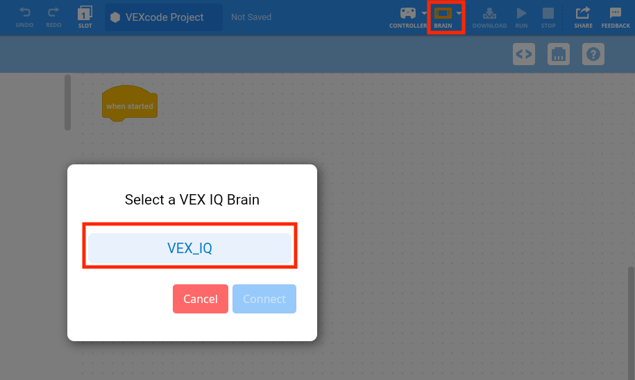 VEXcode IQ Επιλέξτε μια προτροπή VEX IQ Brain που περιέχει μια λίστα με IQ Brains για σύνδεση. Μόνο ένας Εγκέφαλος αναφέρεται σε αυτό το παράδειγμα και είναι επισημασμένος.