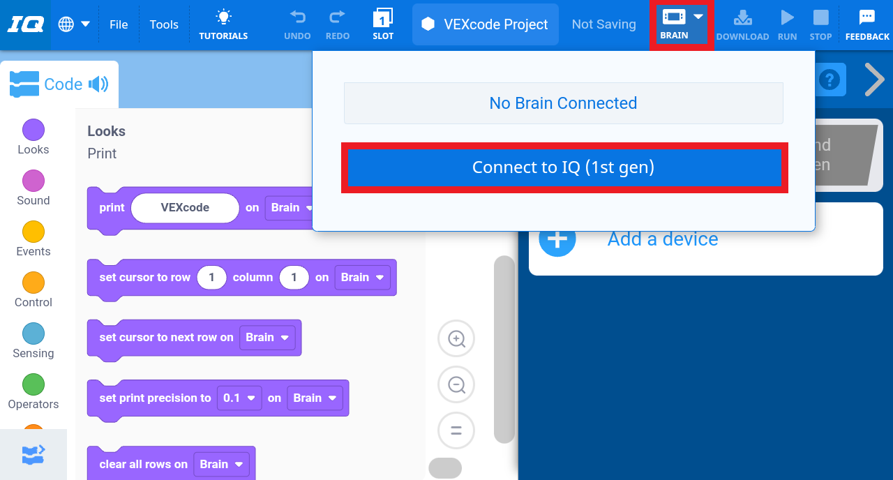 VEXcode IQ με ανοιχτό το αναπτυσσόμενο μενού Brain και επισημασμένο το κουμπί Connect to IQ (1ης γενιάς).