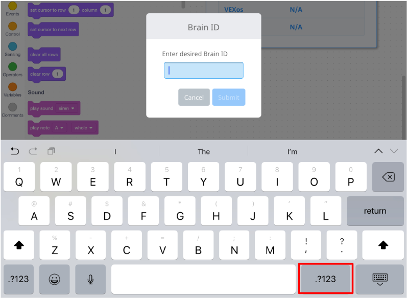 Ερώτηση VEXcode IQ Brain ID που αναφέρει Εισαγάγετε το επιθυμητό Brain ID. Παρακάτω, υπάρχει ένα πεδίο για την εισαγωγή του αναγνωριστικού και δύο κουμπιά που γράφουν Ακύρωση και Υποβολή.