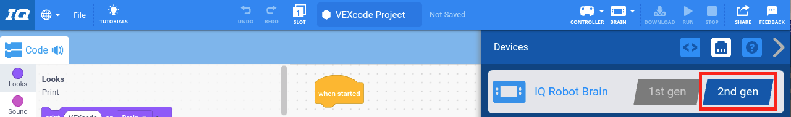 Μενού συσκευών VEXcode IQ με την εμφάνιση της ρύθμισης δημιουργίας εγκεφάλου ρομπότ IQ. Αυτή η ρύθμιση έχει οριστεί στην επιλογή 2ης γενιάς και είναι επισημασμένη.