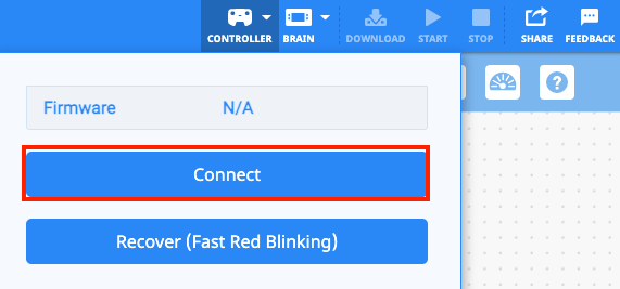 VEXcode IQ με ανοιχτό το αναπτυσσόμενο μενού Ελεγκτή και επισημασμένο το κουμπί Σύνδεση.