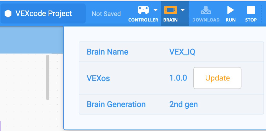 VEXcode IQ με ένα πορτοκαλί εικονίδιο Brain στη γραμμή εργαλείων, που υποδεικνύει ότι το υλικολογισμικό του Brain είναι παρωχημένο. Το αναπτυσσόμενο μενού Brain είναι ανοιχτό και υπάρχει ένα κουμπί Ενημέρωση δίπλα στην έκδοση VEXos.