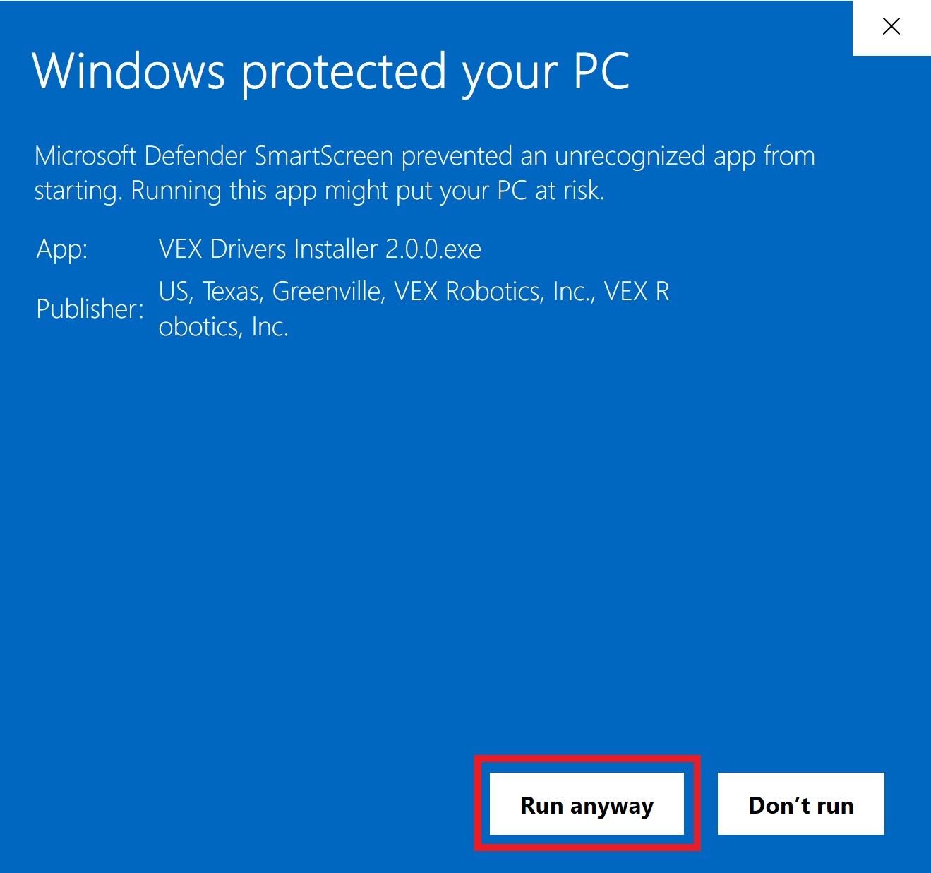 Ειδοποίηση των Windows που αναφέρει ότι τα Windows προστάτευσαν τον υπολογιστή σας. Αφού επιλέξετε Περισσότερες πληροφορίες, θα εμφανιστεί το κουμπί Εκτέλεση ούτως ή άλλως. Αυτό το κουμπί είναι επισημασμένο.