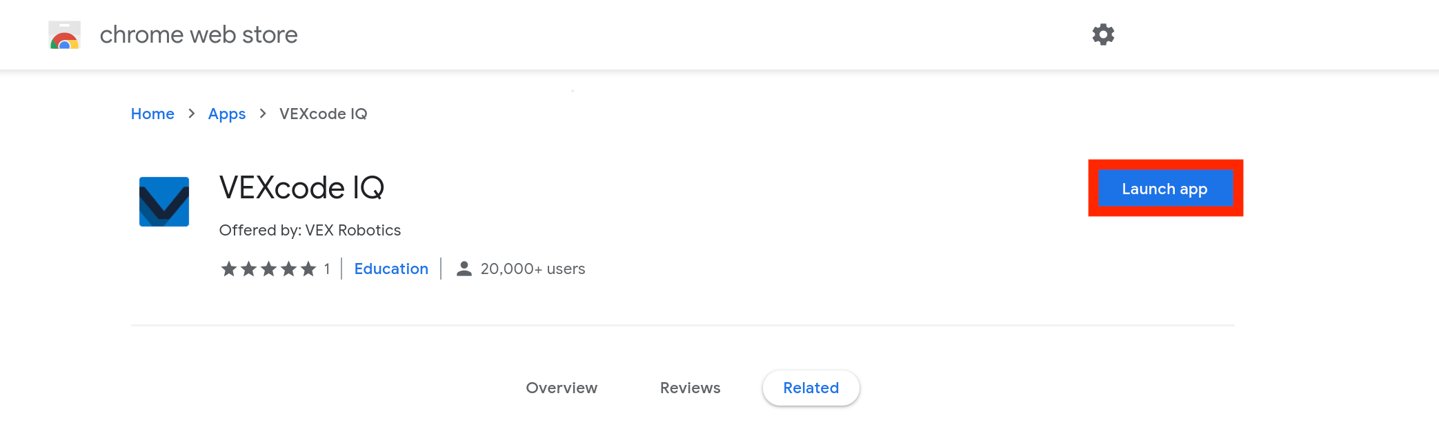 Καταχώριση VEXcode IQ στο Chrome Web Store μετά την εγκατάσταση της εφαρμογής. Το κουμπί Εκκίνηση εφαρμογής είναι επισημασμένο.