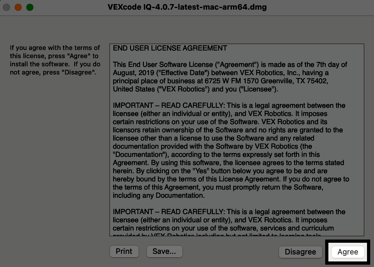 Παράθυρο εγκατάστασης VEXcode IQ που εμφανίζει την Άδεια Χρήσης Τελικού Χρήστη. Το κουμπί Συμφωνώ παρακάτω είναι επισημασμένο.