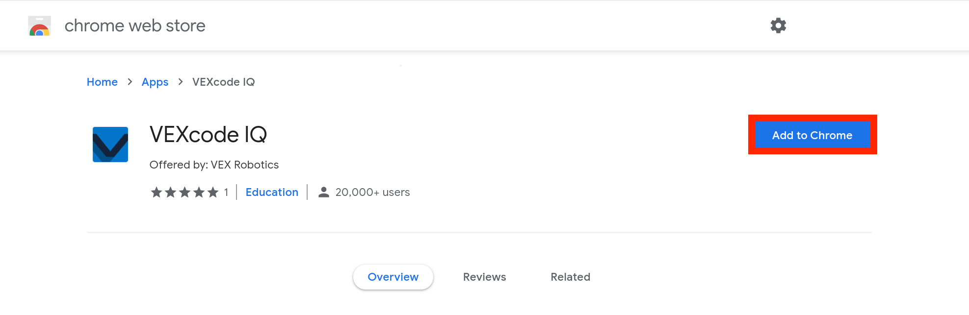 Καταχώριση VEXcode IQ στο Chrome Web Store με επισημασμένο το κουμπί "Προσθήκη στο Chrome".