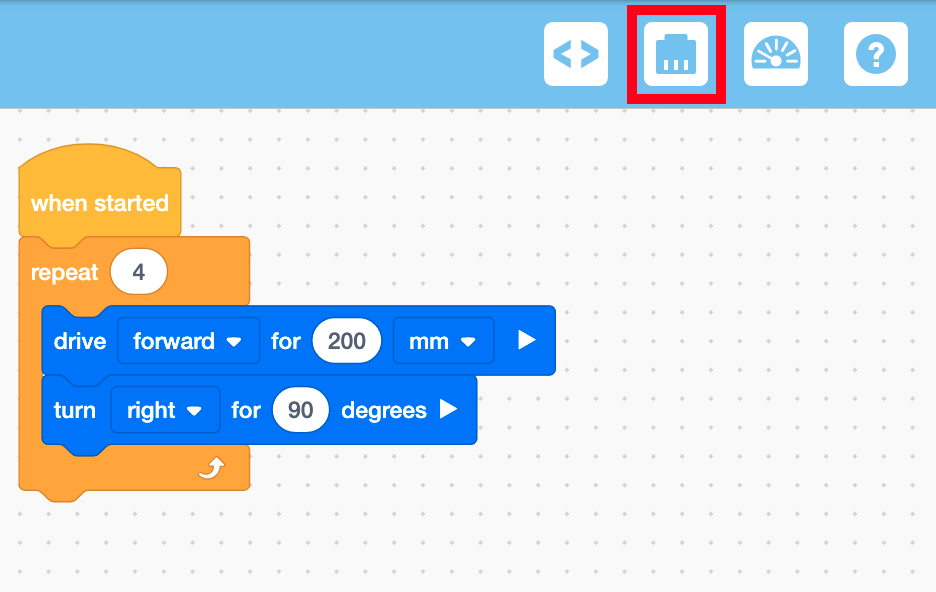 VEXcode IQ με ένα έργο 2ης γενιάς στον χώρο εργασίας. Το εικονίδιο Συσκευές επισημαίνεται ανάμεσα στα εικονίδια Προβολής Κώδικα και Βοήθειας.