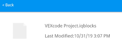Το προηγουμένως αποθηκευμένο έργο VEXcode IQ είναι ορατό από τα αρχεία της συσκευής.