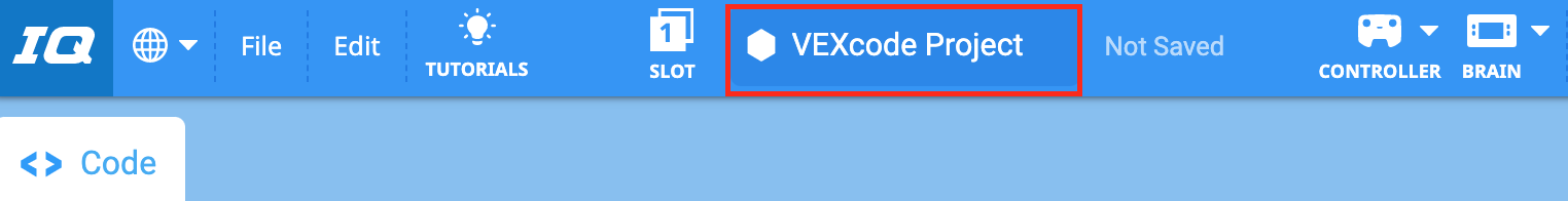 Γραμμή εργαλείων VEXcode IQ με επισημασμένο το πεδίο ονόματος έργου. Στα δεξιά του ονόματος του έργου, μια ετικέτα γράφει "Δεν αποθηκεύτηκε".