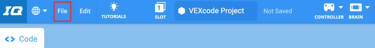 Γραμμή εργαλείων VEXcode IQ με την επιλογή Αρχείο επισημασμένη ανάμεσα στις επιλογές Γλώσσα και Επεξεργασία.