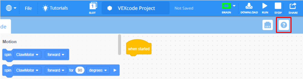 Γραμμή εργαλείων VEXcode IQ με το εικονίδιο Βοήθειας επισημασμένο στα δεξιά του εικονιδίου Οθόνης.