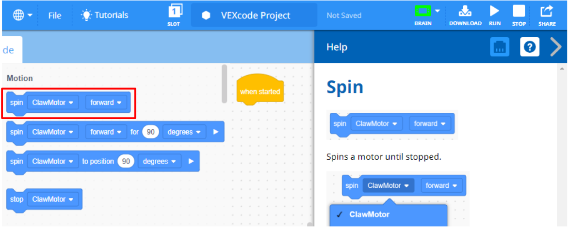 Εργαλειοθήκη μπλοκ VEXcode IQ με το μπλοκ Spin να εμφανίζεται και να είναι επιλεγμένο. Το μενού Βοήθειας ανοίγει στο πλάι και το μπλοκ Περιστροφής περιγράφεται στο μενού. Εμφανίζονται περιγραφές του μπλοκ και ο τρόπος χρήσης του, μαζί με εικόνες με παραδείγματα χρήσης.