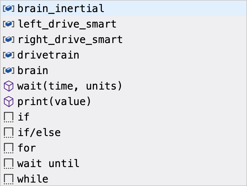 Χώρος εργασίας Python VEXcode IQ με αναπτυσσόμενο μενού όλων των προτεινόμενων εντολών.