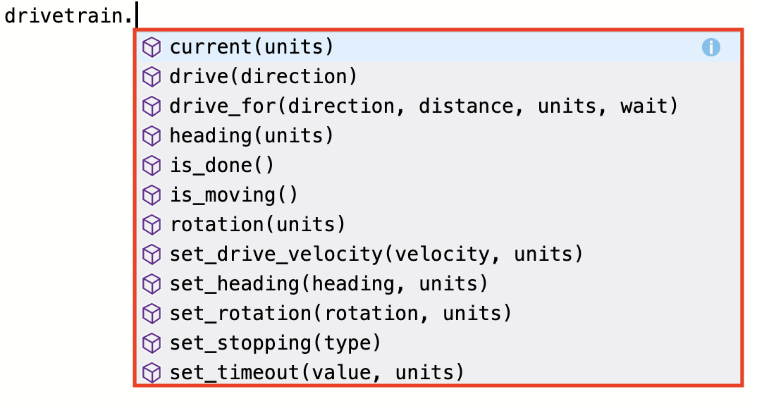 Χώρος εργασίας Python VEXcode IQ με αναπτυσσόμενο μενού προτεινόμενων εντολών. Η συσκευή μετάδοσης κίνησης και ένας τελεστής τελείας έχουν πληκτρολογηθεί και οι εντολές για αυτήν τη συσκευή είναι διαθέσιμες στο μενού.