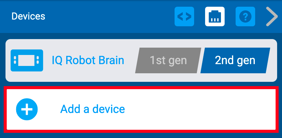 Μενού Συσκευές VEXcode IQ με επισημασμένο το κουμπί Προσθήκη συσκευής.