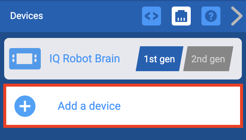 Μενού Συσκευές VEXcode IQ με επισημασμένο το κουμπί Προσθήκη συσκευής.