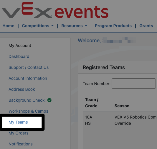 Η αριστερή πλοήγηση στα VEX Events με επισημασμένη την επιλογή "Οι ομάδες μου".