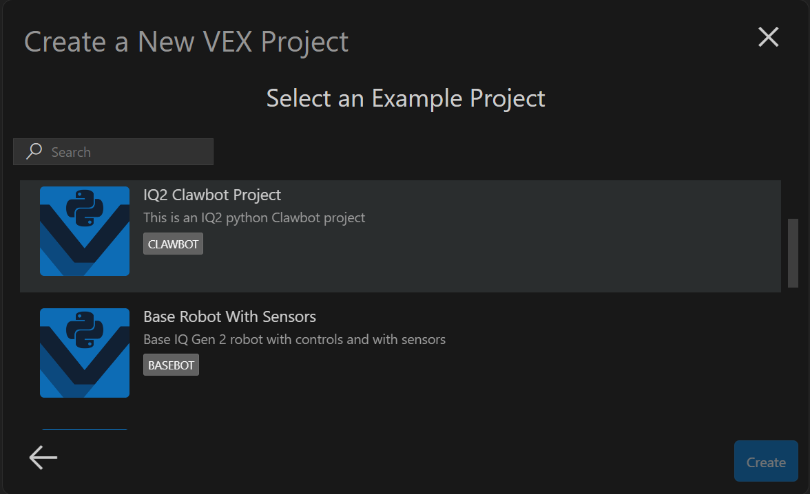 Στιγμιότυπο οθόνης της διεπαφής VS Code Extension για το VEX IQ, όπου παρουσιάζονται λειτουργίες και εργαλεία που έχουν σχεδιαστεί για να βοηθούν τους χρήστες στον προγραμματισμό ρομπότ VEX IQ, με επισημασμένες επιλογές και μενού σχετικά με έργα εκπαιδευτικής ρομποτικής.