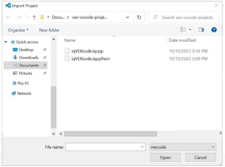 Στιγμιότυπο οθόνης της διεπαφής VS Code Extension για το VEX IQ, όπου παρουσιάζονται λειτουργίες και εργαλεία που έχουν σχεδιαστεί για να βοηθούν τους χρήστες στον προγραμματισμό και την ανάπτυξη έργων για την πλατφόρμα VEX IQ Robotics.