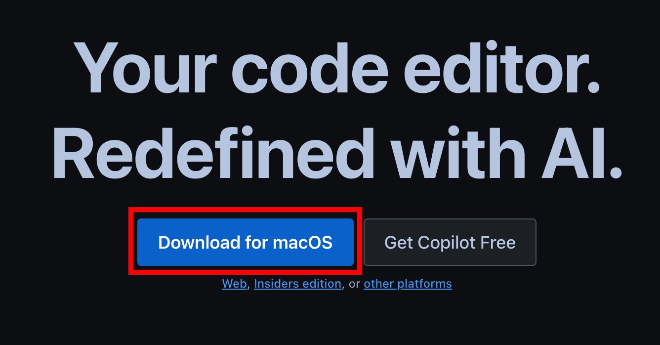 Αρχική σελίδα ιστότοπου Visual Studio Code με μεγάλη επικεφαλίδα που λέει Ο επεξεργαστής κώδικα σας. Επαναπροσδιορισμένο με Τεχνητή Νοημοσύνη. Ένα μπλε κουμπί με την ένδειξη Λήψη για macOS επισημαίνεται κάτω από την επικεφαλίδα.