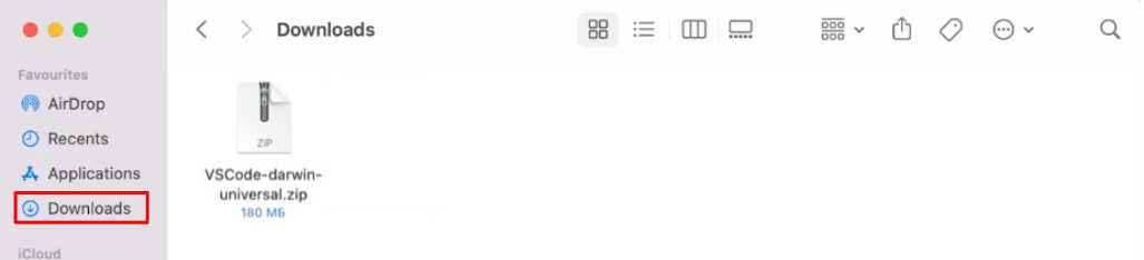 Το Finder ανοίγει στον φάκελο "Λήψεις" και εμφανίζεται το αρχείο zip VS Code Darwin universal.