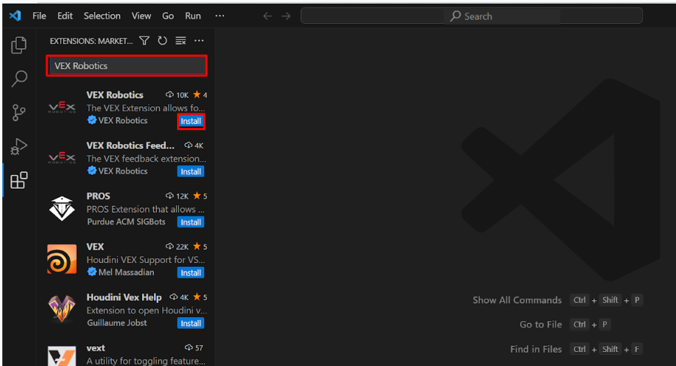 Ανοίγει το πλευρικό μενού VS Code Extensions και στη γραμμή αναζήτησης του μενού έχει πληκτρολογηθεί η λέξη VEX Robotics. Τα αποτελέσματα αναζήτησης εμφανίζονται παρακάτω και η VEX Robotics Extension είναι η πρώτη επιλογή που αναφέρεται.