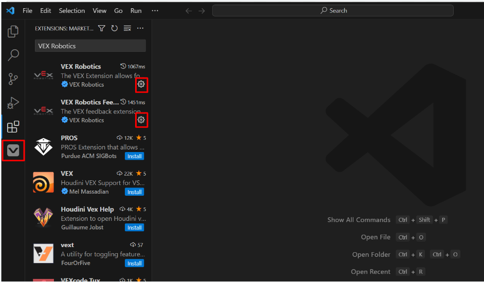Το πλευρικό μενού VS Code Extensions ανοίγει και οι επεκτάσεις VEX Robotics και VEX Robotics Feedback έχουν εγκατασταθεί. Και οι δύο επεκτάσεις έχουν πλέον εικονίδια Διαχείρισης γραναζιού και η πλαϊνή γραμμή εμφανίζει το εικονίδιο Επέκτασης VEX Robotics.