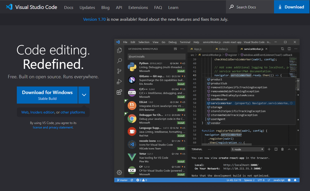 Αρχική σελίδα ιστότοπου Visual Studio Code με μεγάλη επικεφαλίδα που λέει Επεξεργασία κώδικα. Επαναπροσδιορισμένο. Ένα μπλε κουμπί με την ένδειξη Λήψη για Windows εμφανίζεται κάτω από την επικεφαλίδα.