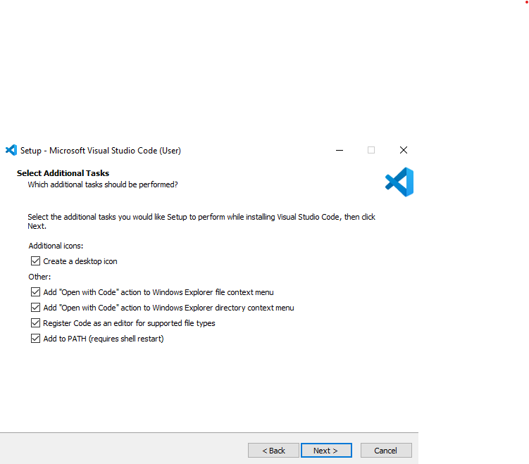 Παράθυρο εγκατάστασης κώδικα Microsoft VS με επιλογές για την επιλογή πρόσθετων εργασιών. Οι επιλογές περιλαμβάνουν τη δημιουργία ενός εικονιδίου επιφάνειας εργασίας, την προσθήκη μιας ενέργειας Άνοιγμα με κώδικα στο μενού περιβάλλοντος της Εξερεύνησης αρχείων και την προσθήκη VS Code στη ΔΙΑΔΡΟΜΗ. Σε αυτό το παράδειγμα, κάθε επιλογή πλαισίου ελέγχου είναι επιλεγμένη. Παρακάτω, το κουμπί Επόμενο είναι επισημασμένο.