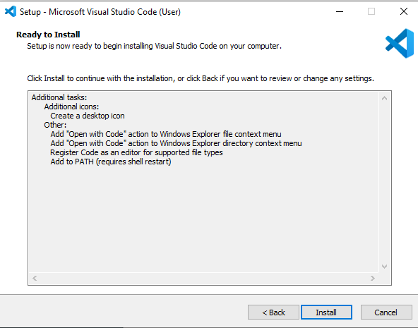 Το παράθυρο εγκατάστασης του Microsoft VS Code είναι πλέον έτοιμο για εγκατάσταση. Οι επιλεγμένες πρόσθετες εργασίες παρατίθενται για έλεγχο. Παρακάτω, το κουμπί Εγκατάσταση είναι επισημασμένο.