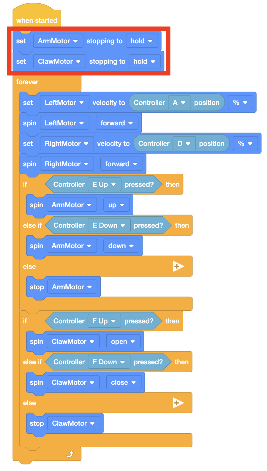 Το VEXcode V5 μπλοκάρει ένα έργο που χρησιμοποιεί έναν βρόχο forever για να χειριστεί τις εισόδους του ελεγκτή για τον έλεγχο ενός βραχίονα ρομπότ με ένα δάχτυλο. Τα περισσότερα μπλοκ βρίσκονται μέσα στον βρόχο forever, αλλά δύο μπλοκ βρίσκονται έξω από αυτόν στην αρχή του έργου. Αυτά τα δύο μπλοκ επισημαίνονται και αναγράφουν set ArmMotor stopping to hold (ορισμός ArmMotor stopping σε κατάσταση hold) και set ClawMotor stopping σε κατάσταση hold (ορισμός ClawMotor stopping σε κατάσταση hold).