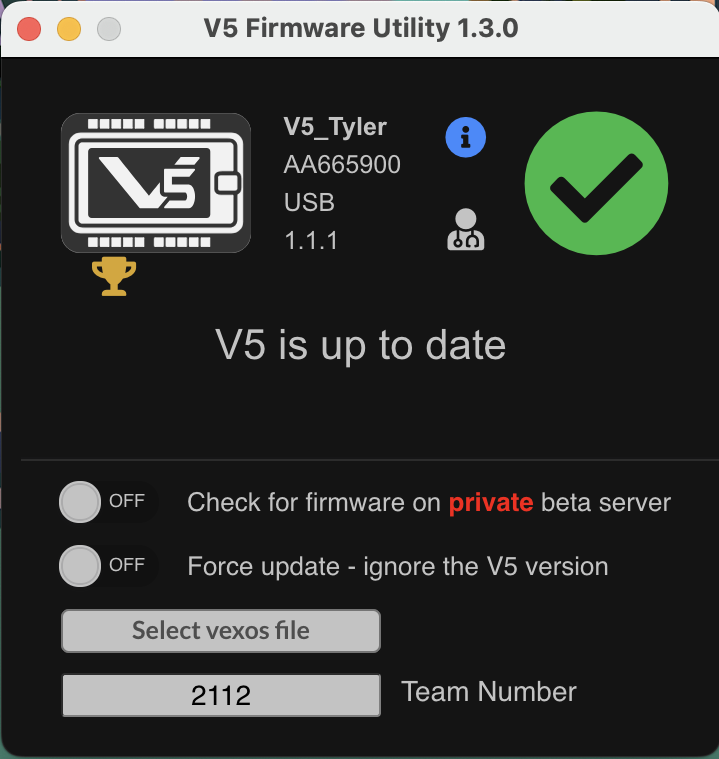 V5 Firmware Utility αφού επιλέξετε το εικονίδιο V5 Brain ενώ κρατάτε πατημένο το Shift και το V για να ανοίξετε τις επιλογές για προχωρημένους. Εμφανίζονται οι ρυθμίσεις Διάγνωσης και Αριθμού Ομάδας.