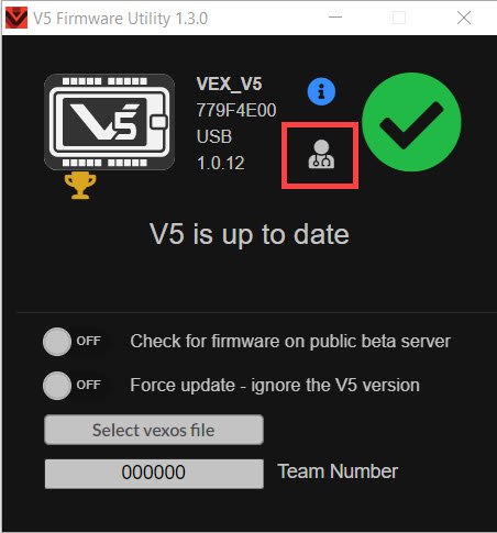 V5 Firmware Utility αφού επιλέξετε το εικονίδιο V5 Brain ενώ κρατάτε πατημένο το Shift και το V για να ανοίξετε τις επιλογές για προχωρημένους. Υπάρχει ένα εικονίδιο γιατρού στα δεξιά που είναι επισημασμένο.