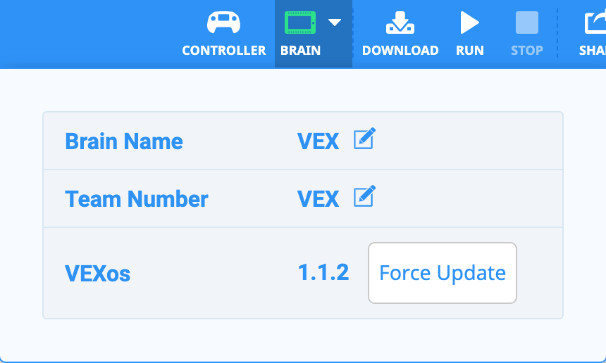Άνοιξε το αναπτυσσόμενο μενού VEXcode V5 με συνδεδεμένο Brain και το Brain, υποδεικνύοντας ότι μπορεί να χρησιμοποιηθεί για τον έλεγχο του υλικολογισμικού του Brain. Η έκδοση VEXos παρατίθεται και εμφανίζεται μόνο ένα κουμπί Αναγκαστικής Ενημέρωσης.