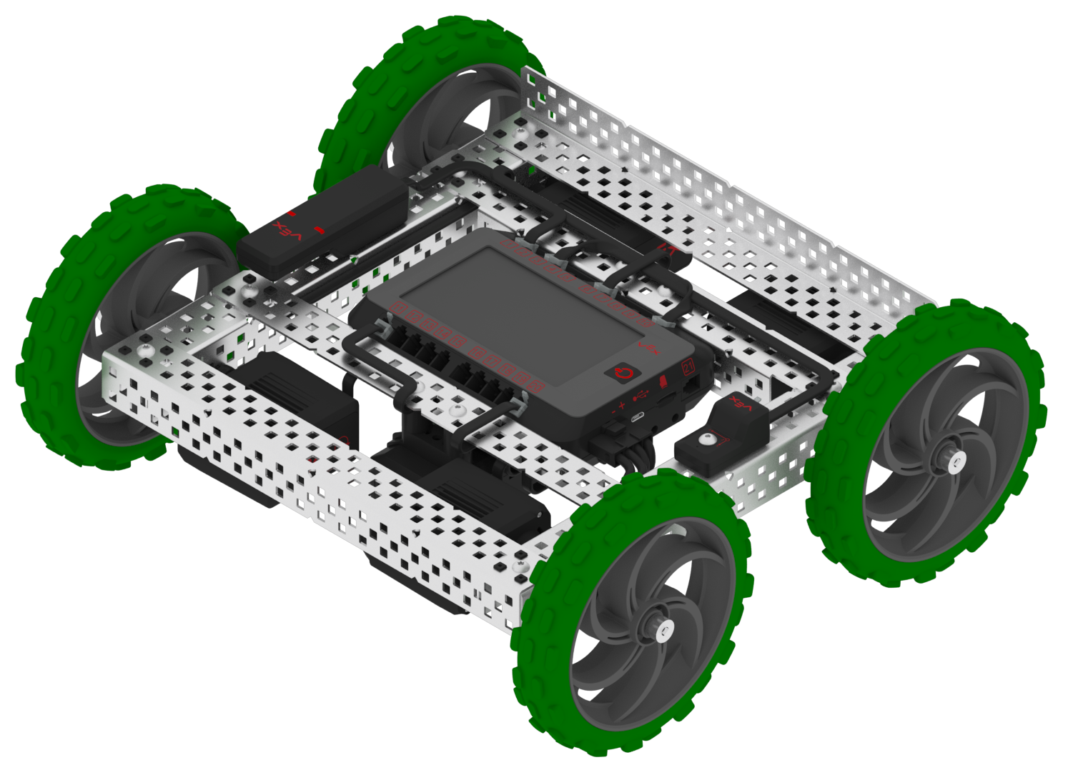 Κατασκευή ρομπότ V5 Tumble Robot με λεπτό σασί και τέσσερις τροχούς που του επιτρέπουν να κινείται με τη δεξιά πλευρά προς τα πάνω και ανάποδα.