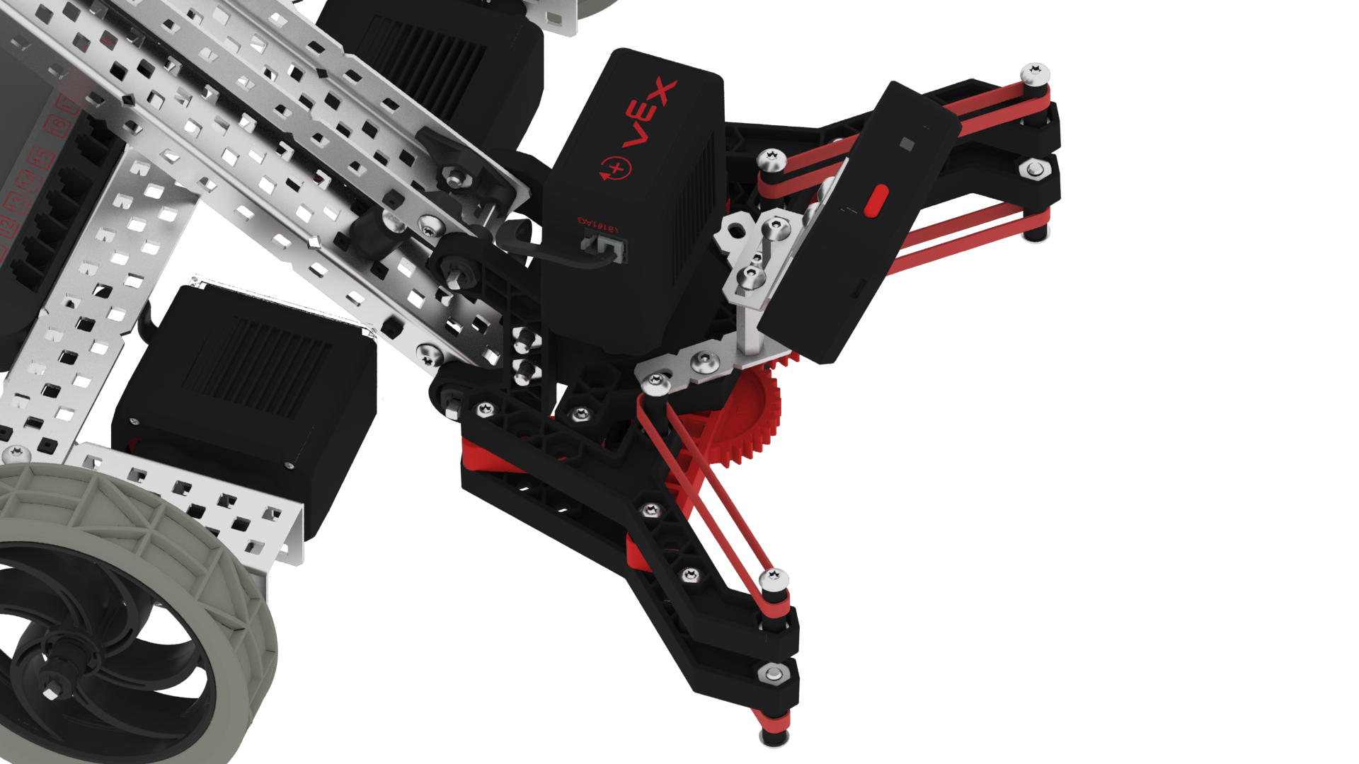 V5 Clawbot με στηρίγματα προστιθέμενα στο Claw του και τον αισθητήρα όρασης τοποθετημένο στα στηρίγματα.