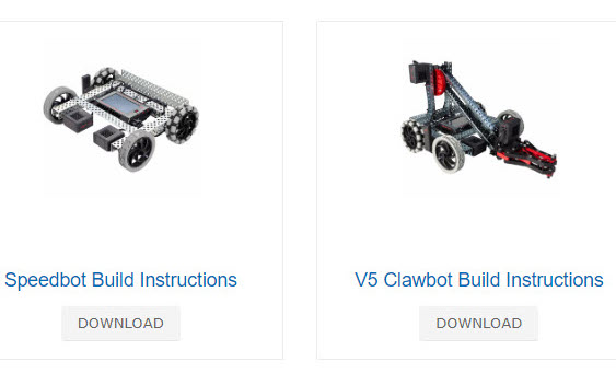 Στιγμιότυπο οθόνης της ιστοσελίδας VEX V5 Builds, που δείχνει δύο διαφορετικές οδηγίες κατασκευής V5. Εμφανίζονται οι εκδόσεις Speedbot και V5 Clawbot.