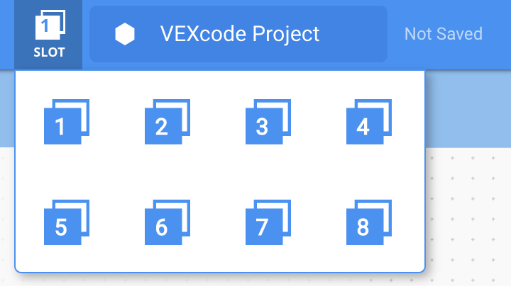 VEXcode V5 με ανοιχτό το αναπτυσσόμενο μενού Slots. Το μενού έχει 8 διαθέσιμες θέσεις για λήψη έργων στον εγκέφαλο.
