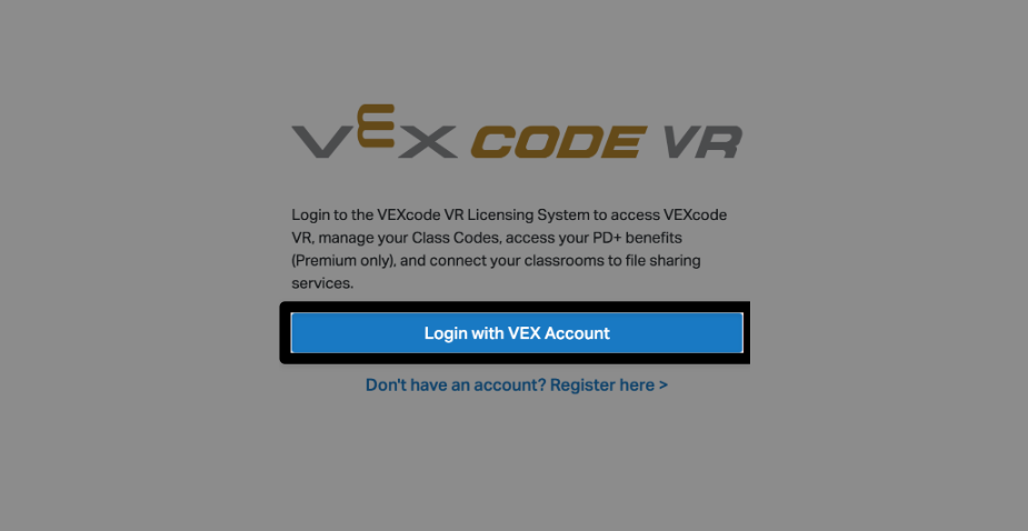 หน้าการอนุญาตใช้งาน VEXcode VR โดยมีปุ่ม "เข้าสู่ระบบด้วยบัญชี VEX" ถูกไฮไลต์อยู่