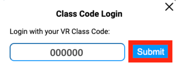 Pantalla de inicio de sesión de la clase de VEXcode VR con campos para el número de clase y el nombre del estudiante.